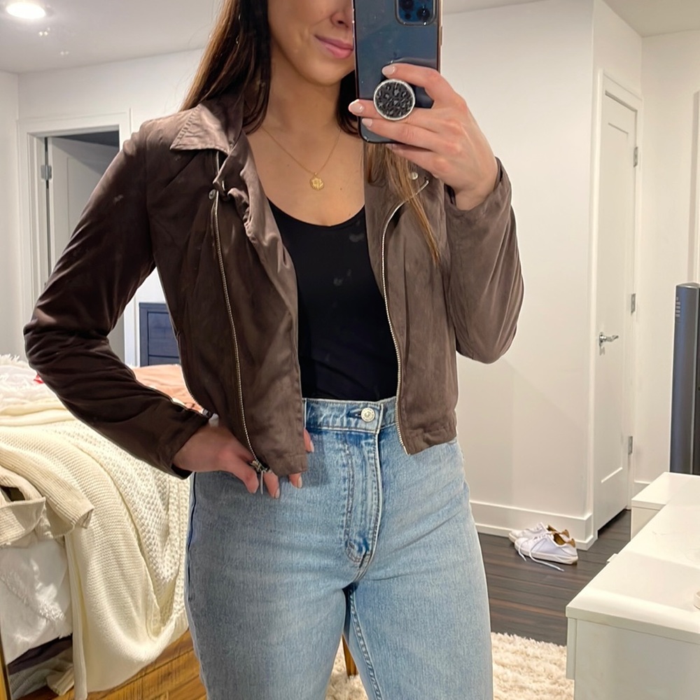 Tan faux suede jacket with silver details
